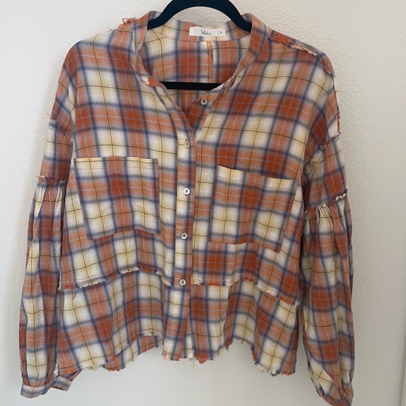 TALULAH Tops - TALULAH Orange Blue Cream Plaid Button-Down Shirt